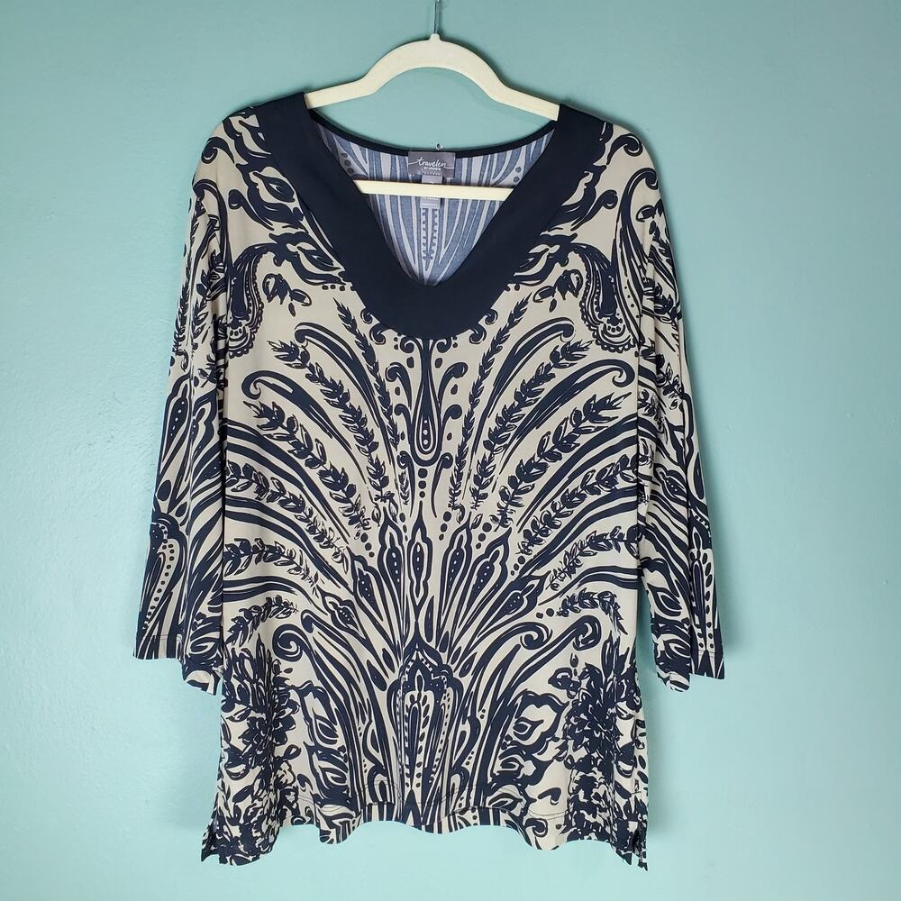Chicos Travelers Womens Black Cream V-Neck Stretch Tunic Top Size 3